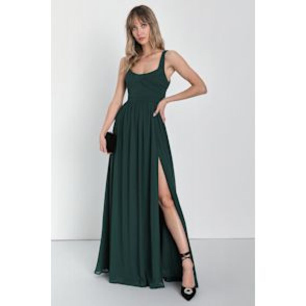 Lulu's Dark Green Maxi Dress with Side Slit